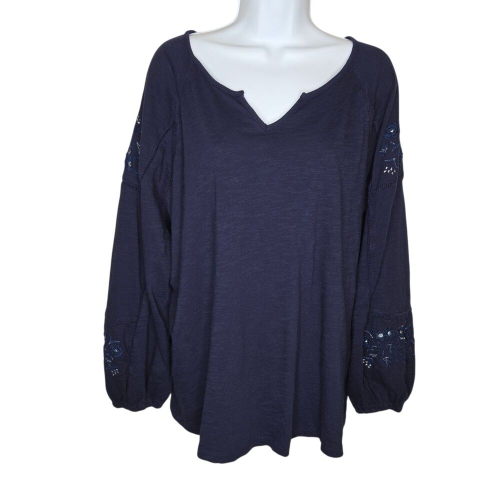 Chico's Navy Blue Embroidered Slub Knit Long Sleeve Blouse Top - Size 3 (XL/XXL)